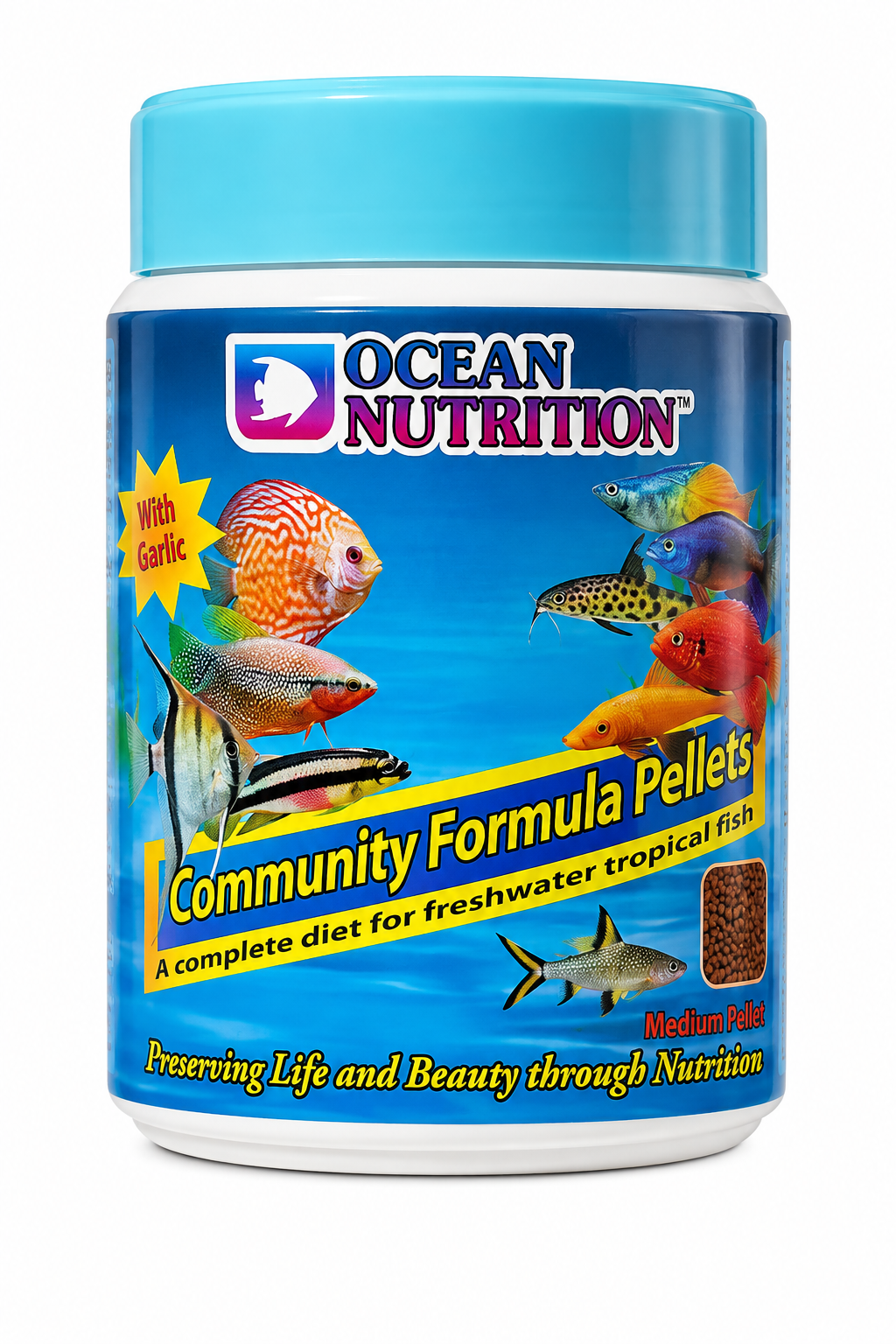 Ocean Nutrition Community Formula Pellets with Garlic – מזון גרגירים לדגי קהילה במים מתוקים