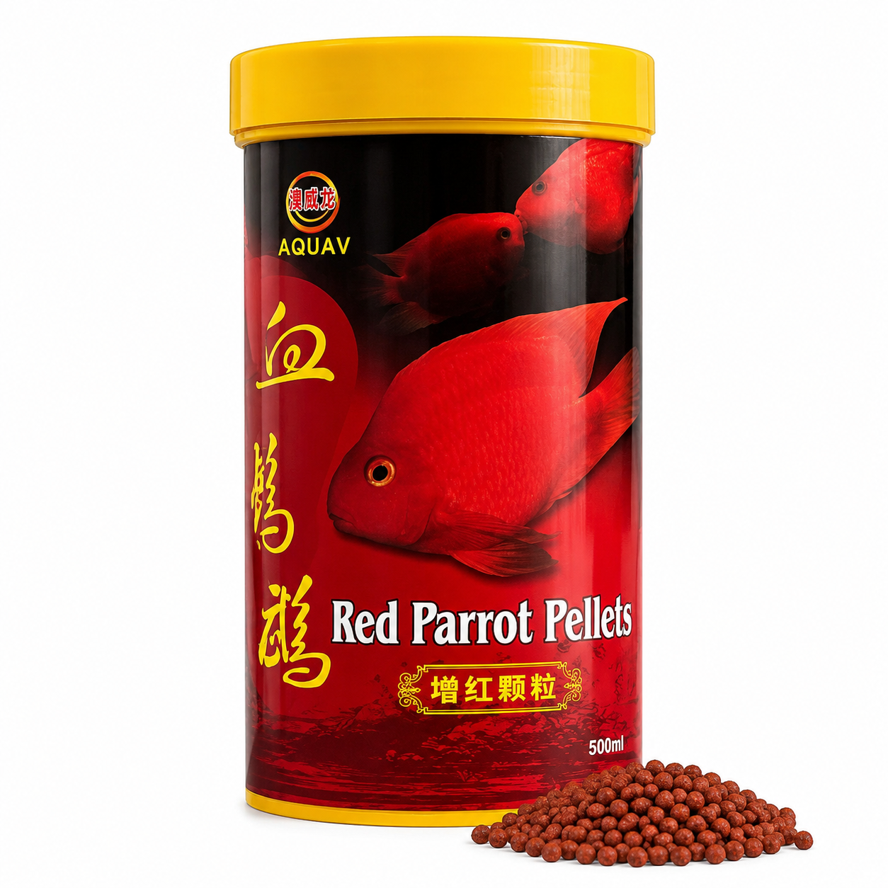 AQUAV Red Parrot Pellets – מזון מחזק צבע לדגי תוכי וציקלידים אדומים 500 מ"ל