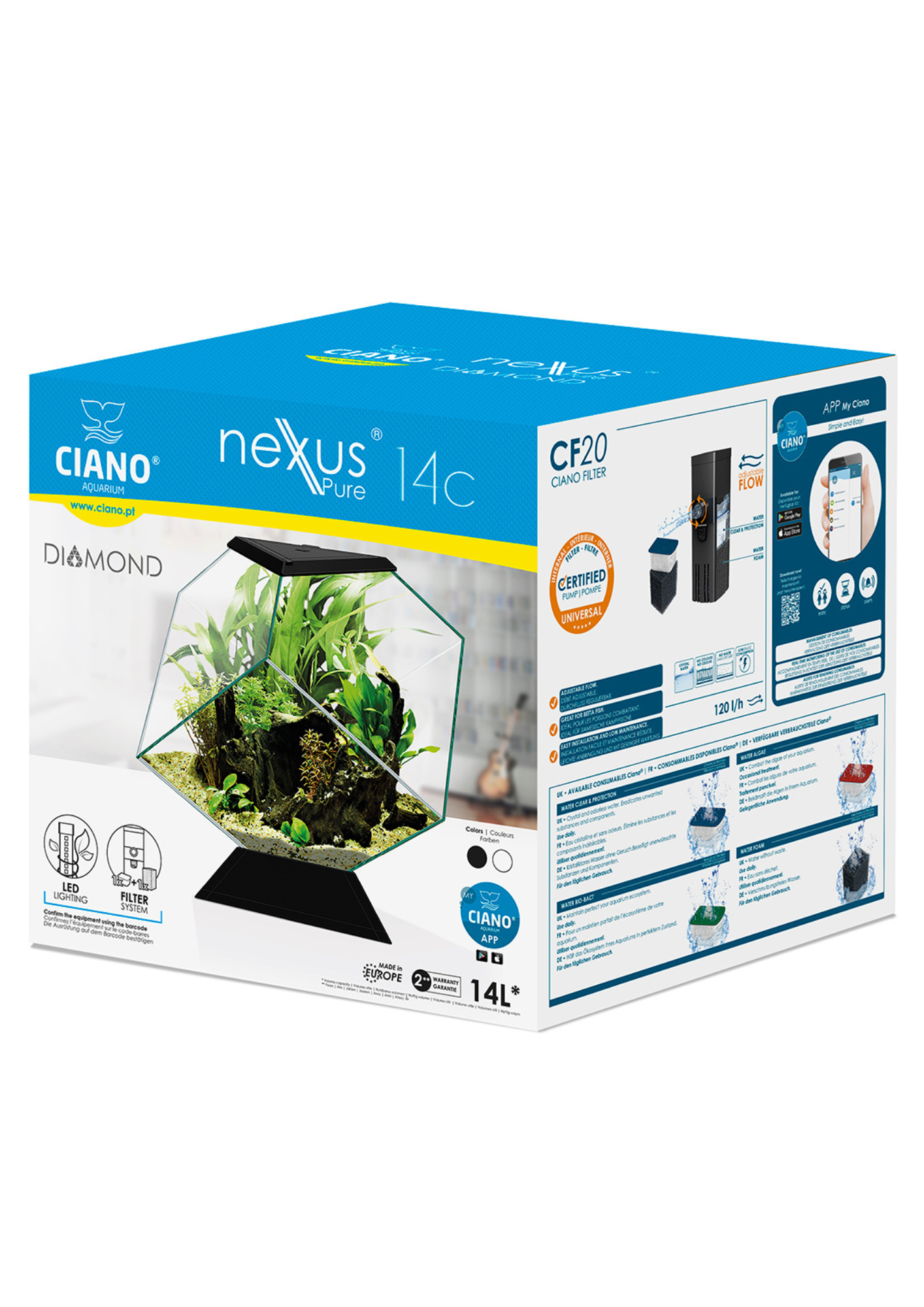 אקווריום שחור/לבן מעוצב בצורת יהלום ציאנו נקסוס 14C כולל פילטר - Ciano Nexus