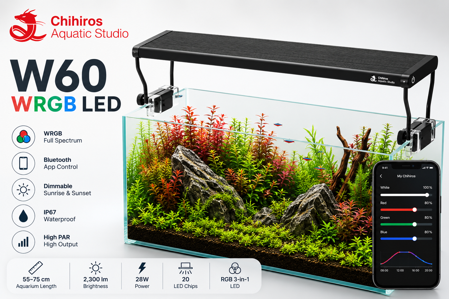 Chihiros W60 WRGB LED – תאורת LED חכמה לאקווריום צמחייה 55–75 ס"מ