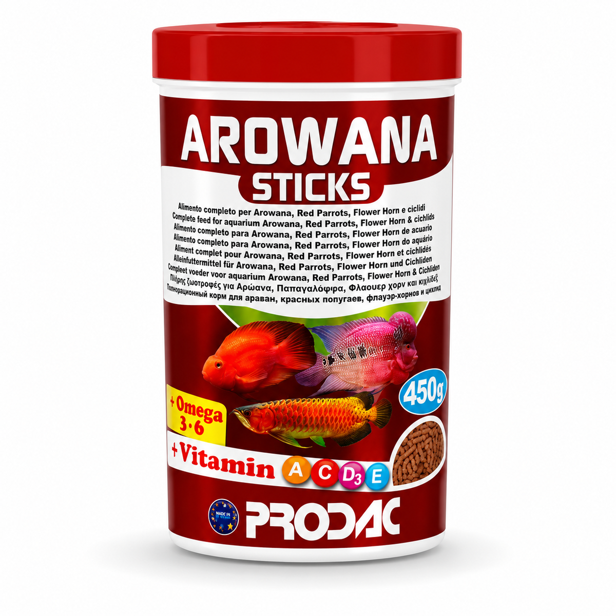 PRODAC Arowana Sticks 450 גרם – מזון לארואנה, פלאוור הורן ותוכי אדום