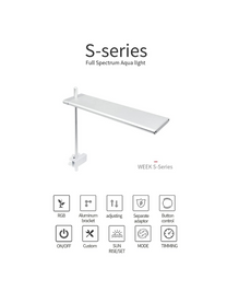 מנורת LED Week Aqua S Series תאורה דקה ואלגנטית לאקווריומים צמחיים. ספקטרום מותאם לצמחים, שליטה בכפתור ועיצוב מודרני.