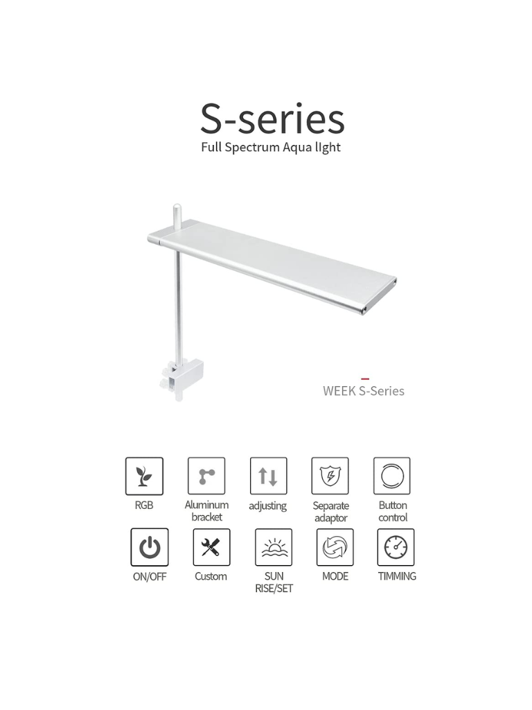מנורת LED Week Aqua S Series תאורה דקה ואלגנטית לאקווריומים צמחיים. ספקטרום מותאם לצמחים, שליטה בכפתור ועיצוב מודרני.